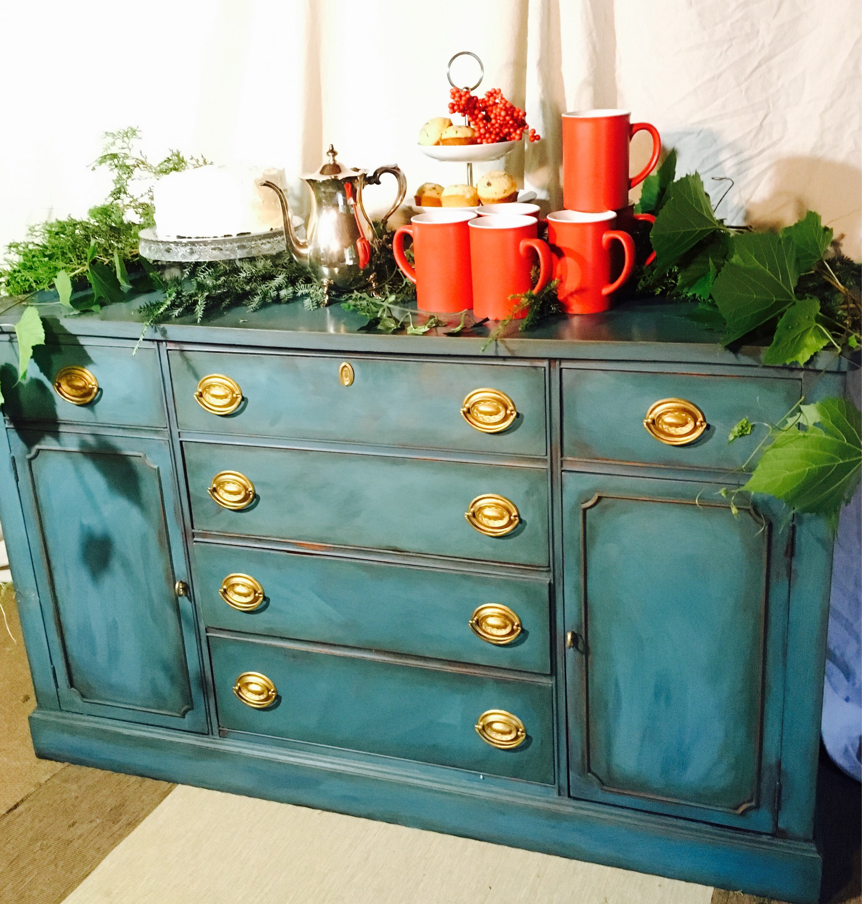 Peacock Blue Antique Buffet Etsy