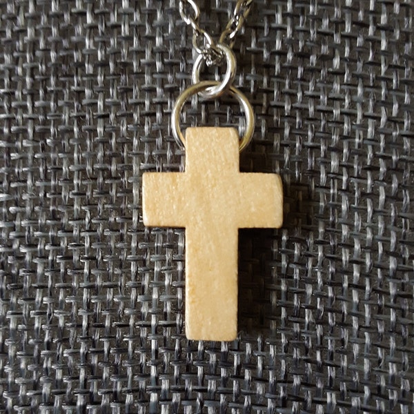 Necklace, Small Wooden Christian Cross on Silver Tone Chain, Length chosen in options