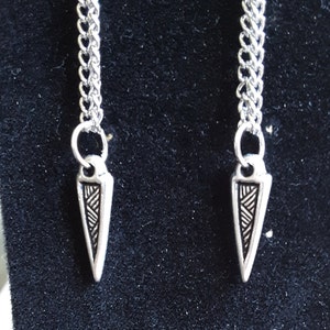 Earrings, Silver tone Spike on silver tone chain, 2 inch small link chains add appeal, hook or post findings.