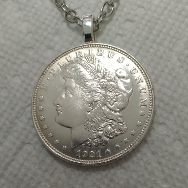 "Morgan Silber-dollar ""Lady Liberty"" Halskette, silberfarbene Kette, wählen Sie Kettenlänge oder keine Kette, Silber US Quarter BONUS inbegriffen."