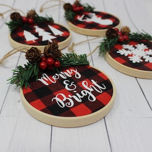 Christmas Buffalo Plaid Ornaments, Red and Black Plaid Ornament, Embroidery Hoop Ornaments , Plaid Ornaments, Buffalo Check Ornaments