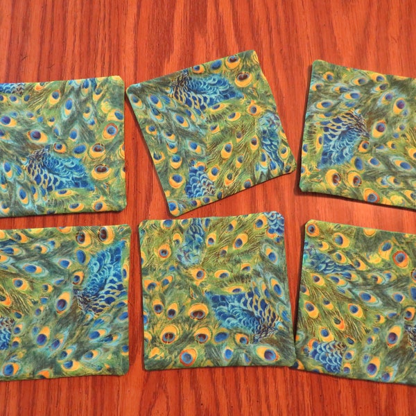 Peacock feathers fabric coasters - set of 6 - mg rugs