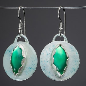 Cat Eye Earrings Enameled Sterling Silver Green Onyx