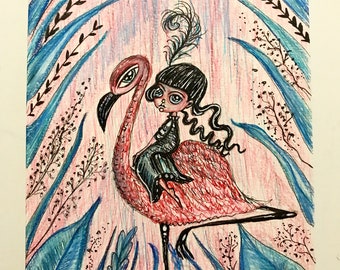 Cute little girl and her flamingo original art home children’s decor