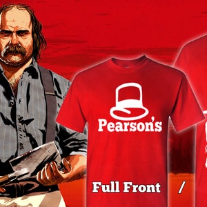 May include: Red t-shirt with a white logo that says "Pearson's" with a top hat graphic. The back of the shirt has a white graphic of a stack of animals with the text "Mr. Morgan... We Need The Meats".