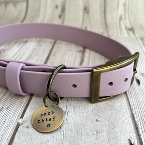 Lilac Bespoke Waterproof Biothane Dog Collar includes personalised hand-stamped tag