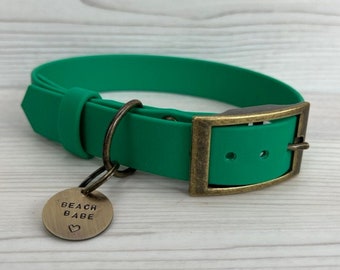 Emerald Green Bespoke Waterproof Biothane Dog Collar includes personalised hand-stamped tag