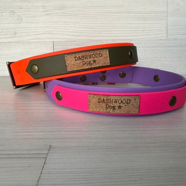 2 colour layered Bespoke Waterproof Biothane Dog Collar includes personalised hand-stamped tag