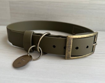 Olive Green Bespoke Waterproof Biothane Dog Collar includes personalised hand-stamped tag