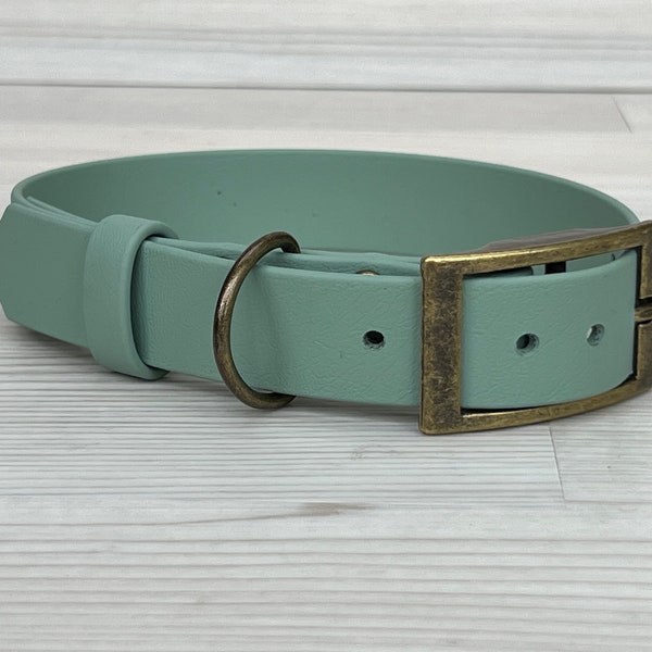 Sage Green Bespoke Waterproof Biothane Dog Collar includes personalised hand-stamped tag