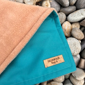 May include: A teal blue dog bed with a brown fleece lining. The bed has a brown leather patch with the text "Dashwood Dog" on it.