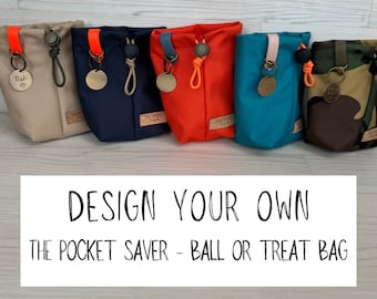 The Pocket Saver bag - Waterproof dog puppy ball or training treats drawstring bag with Biothane tab and personalised hand-stamped brass tag