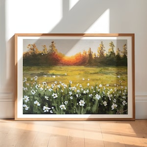 Sunset Meadow Painting Art Print, Physical Print, Small Artist, Sunset on Trees over Flower Meadow Acrylic Painting Print