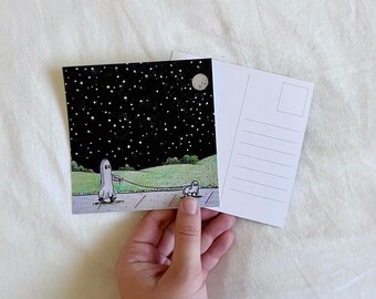 Ghost Walking Ghost Dog under the Moon Illustration Postcard Print