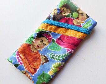 Etui à lunettes, étui téléphone portable, pochette lunettes en tissu imprimé Frida Kahlo et intérieur molletonné.