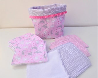 Lot of 12 washable wipes and their matching basket, baby wipes, zero waste, cotton fabric and white bamboo sponge