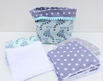 Washable wipes lot of 12 and their matching basket, cleansing wipes, zero waste, cotton fabric and sponge white bamboo