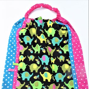Elasticated towel to put on alone, maternal canteen towel, napkin, school entry, elephants.