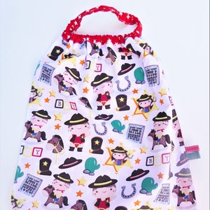 Elasted maternal canteen towel, elasticated table towel, school entry, nursery towel, little cow boy
