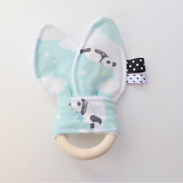 Anneau de dentition, hochet oreilles de lapin Montessori, tissu coton oeko  et minky blanc,pandas