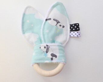 Teeth ring, rattle Montessori bunny ears, cotton fabric oeko and white minky,pandas