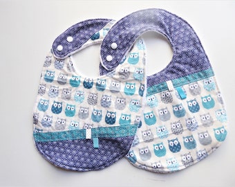 Set of 2 bibs baby 0-12 months in cotton oeko tex and white sponge bamboo, owls