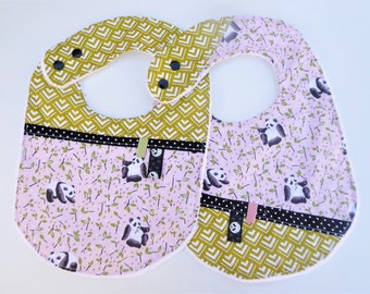 Set of 2 baby girl bibs 0-12 months in cotton and white bamboo sponge, pandas