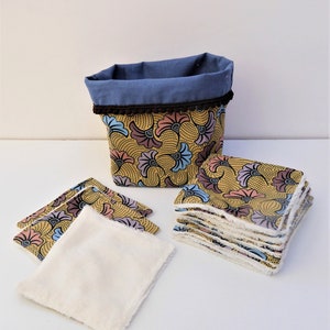 Lot of 12 washable wipes and their matching basket, make-up remover wipes, zero waste, cotton wax fabric and beige bamboo sponge