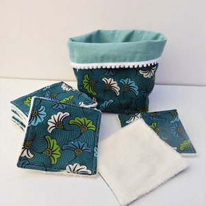 Lot of 12 washable wipes and their matching basket, make-up remover wipes, zero waste, cotton wax fabric and beige bamboo sponge