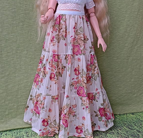 PEAR sd long boho skirt of Light with roses chiffon for dolls 24“ / 60cm type Pear body Smart doll and similar in size
