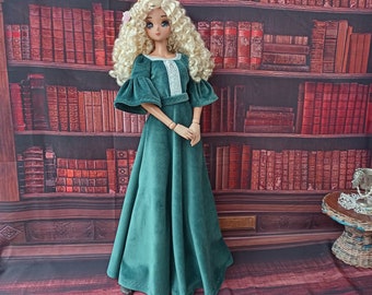 bjd 1/3 SD clothes. Long dark emerald romantic dress for dolls 24”/60cm, type Smart doll and similar in size.