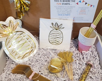 Pink and Gold Pineapple Party in a Box | Party at Home | White and Gold Pineapple Party