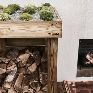 May include: A wooden log rack with a green roof. The roof is covered in small plants and gravel. The rack is labeled "BL&Uuml;&Uuml;M".