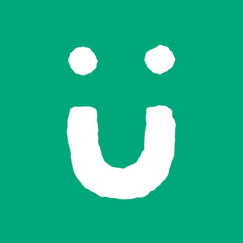May include: A white smiley face with two dots for eyes and a curved line for a mouth on a green background.