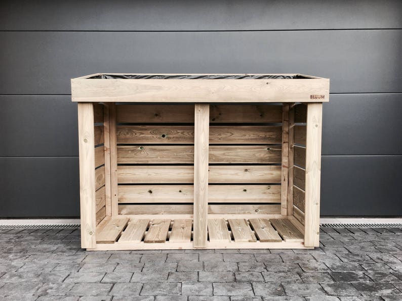 May include: A wooden log storage rack with a slatted design and a black label that says "Belgium".