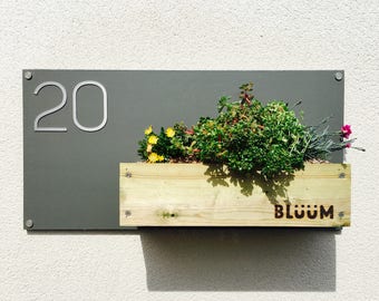 House Sign Planter | Stainless Steel Numbers | Modern Contemporary Style | Address Plaque | Blue, Grey, Mint, Pink, White Colour | Landscape