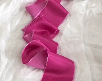 Limited addition raw edged bamboo silk ribbon in hot pink shade approx 5-6cm x 3m
