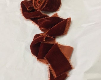 Hand dyed feathery edged silk velvet ribbon approx 2”x3y in deep rust coppery tones