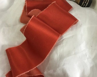 Hand dyed raw edged bamboo silk ribbon approx 5-6cm x3m in deep spiced madder orange shade