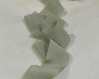 Hand dyed raw edged sand washed silk ribbon in fragrance green shade approx 5-6cm x 3m