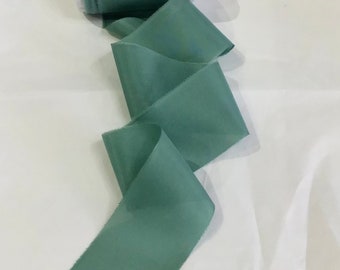 Hand dyed raw edged habotai silk ribbon approx 5-6cm x 3m in a shade of Green Verdigris