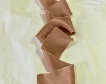 Hand dyed raw edged sand washed silk ribbon approx 5-6cm x 3m in a caramel camel shade