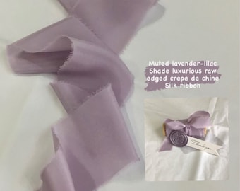 Hand dyed raw feathered edged crepe de chine silk ribbon in muted lavender -lilac shade ivory colour, approx 5-6cm x 3 metres