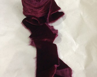 Hand dyed raw feathered edged silk velvet ribbon approx 5-6cm x 3y in burgundy wine