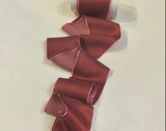 Raw edged double sided naturally dyed bamboo silk ribbon approx 5cm x 3m in russet red shade