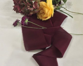 Hand dyed raw edged luxury crepe de chine silk ribbon approx 5-6cm x 3m in burgundy-wine -claret shade