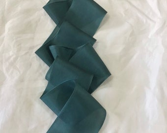 Hand dyed raw edged habotai silk ribbon approx 2 x 3m in a shade of teal green