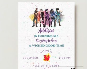 Inspired Descendants Birthday Party Invitation, hand painted inspired, customized stationary, Printable or Printed, Halloween Party,