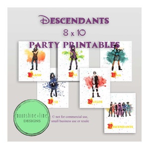 Printable Descendants Watercolor Printable Art - Character Cards - Printable Digital art - Party decor 8x10 PDF Files