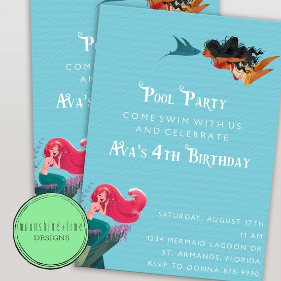 Moana And Ariel Pool Party Invitation Disney Princess Pool Etsy